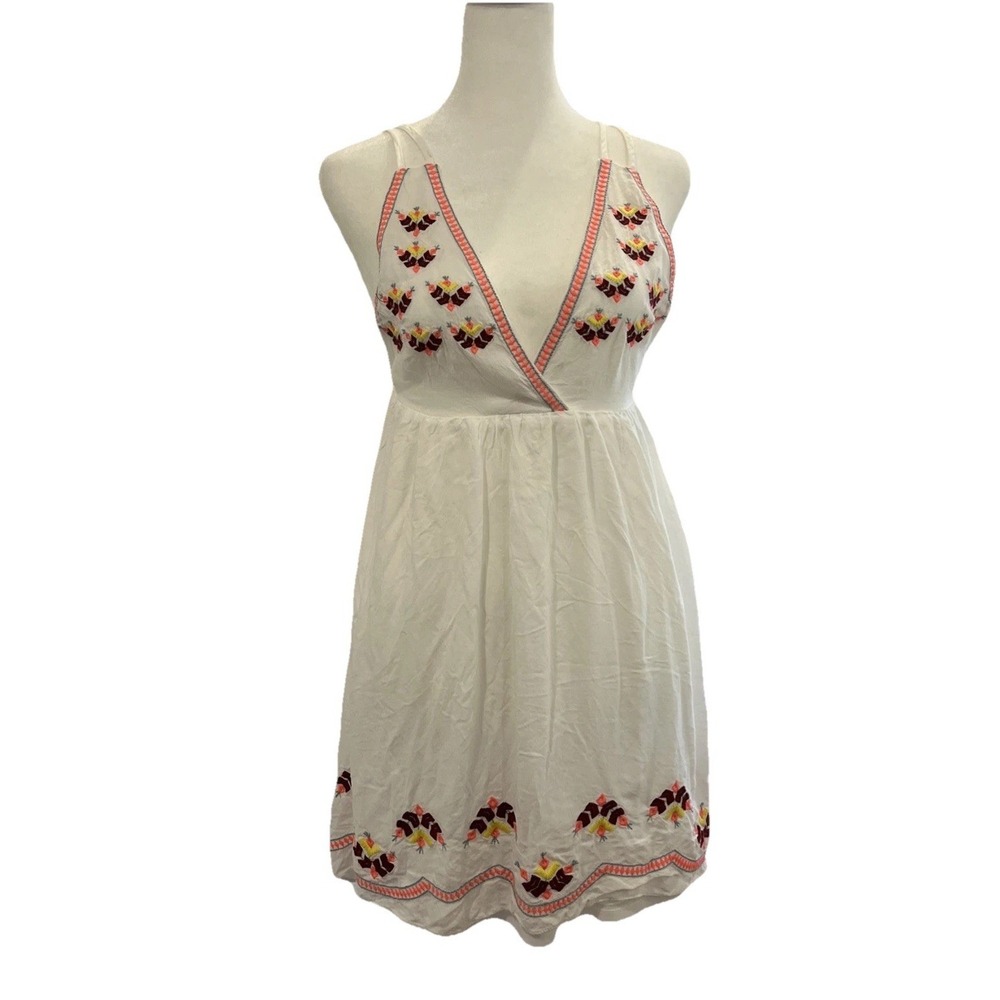 White Embroidered Flowers V-Neck Mini Dress Open Back Adjustable Boho Beach Sz M